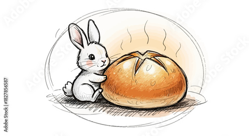 Cute white cartoon Easter bunny rabbit with fresh sweet breakfast buns and painted eggs