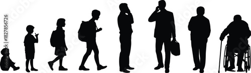 Male Life Cycle Silhouettes from Child to Elder in Wheelchair, Showing Stages of Aging and Modern Technology Use, Representing Progress and Generational Change
