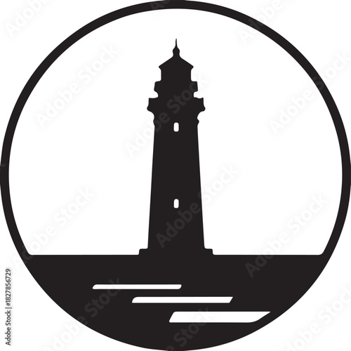  Vector coastal lighthouse beacon in circle frame silhouette illustration