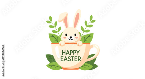 Adorable little rabbit with long ears peeking out from a teacup inscribed with "Happy Easter" surrounded by fresh green leaves.