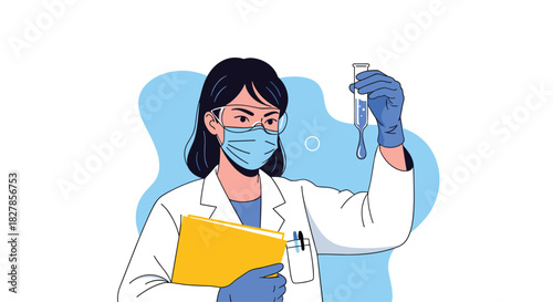 Dedicated female scientist wearing a lab coat face mask and safety goggles holding a test tube with blue liquid and a folder.