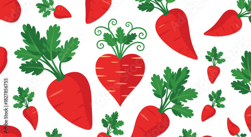 Whimsical and vibrant seamless pattern of fresh red carrots with green tops including a special heart-shaped carrot on white.