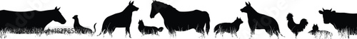 Set of Farm Animals Silhouettes Vector Illustration, Horse, Cow, Chicken, Dog, Cat, and Goat Standing in Grass, Rural Scene, Agriculture, Livestock, and Domestic Animals Graphic