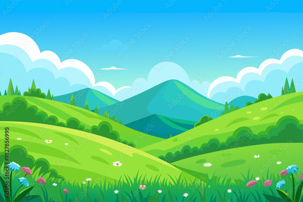 Fototapeta premium Cheerful cartoon valley with green hills, colorful flowers, and a bright blue sky with fluffy clouds