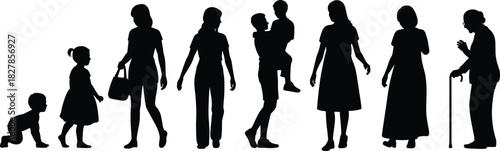 Seven Black Silhouettes Showing Woman's Life Stages from Baby to Elderly with Cane, Aging Process, Generations, Growth, and Human Development Vector