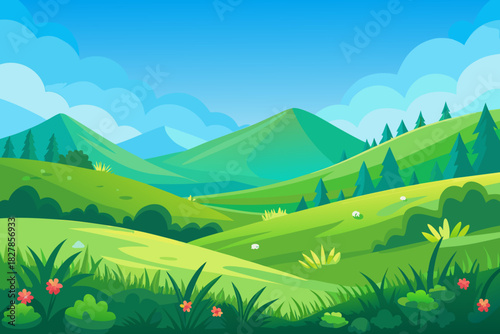 Cartoon countryside with green hills, trees, and small white sheep grazing under a blue sky vector illustration