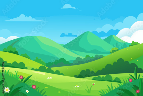 Bright cartoon landscape with smooth green hills, distant mountains, and a blue sky with clouds vector
