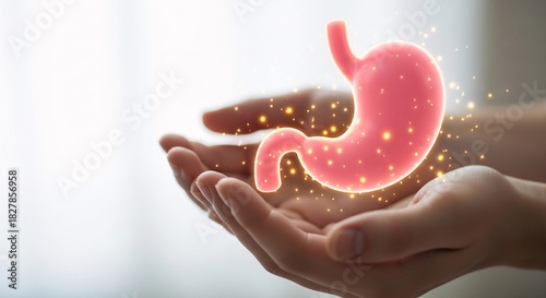 Human hands gently cradling a glowing healthy stomach organ symbolizing medical care and digestive wellness protection