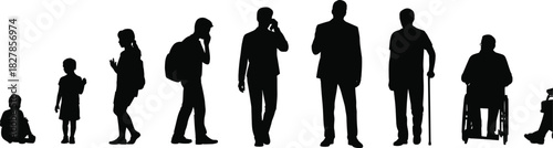 Vector silhouettes depicting the stages of human life from baby to senior in a wheelchair, representing age diversity, lifespan, growth, and development concepts