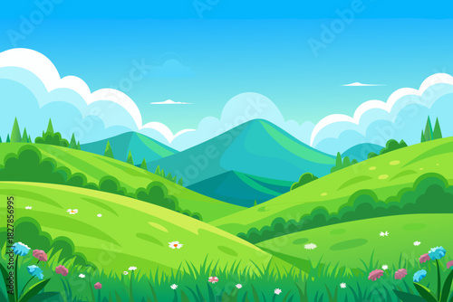 Cheerful cartoon valley with green hills, colorful flowers, and a bright blue sky with fluffy clouds