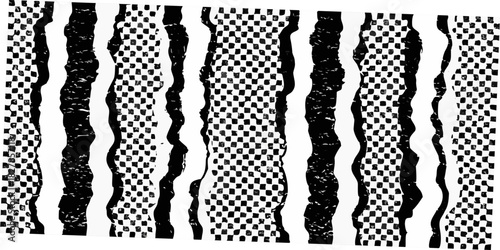 Abstract black and white vertical stripes with uneven textures fill the frame