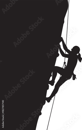 Silhouette of a determined rock climber scaling a challenging vertical cliff face using ropes and gear