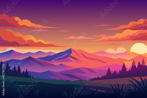Dramatic Mountain Range Sunset with Fiery Clouds and Pine Forest sunrise landscape