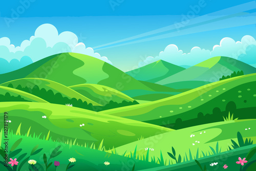 Expansive green rolling hills under a bright blue sky with subtle cloud streaks Keywords: rolling hills, green landscape, nature, countryside