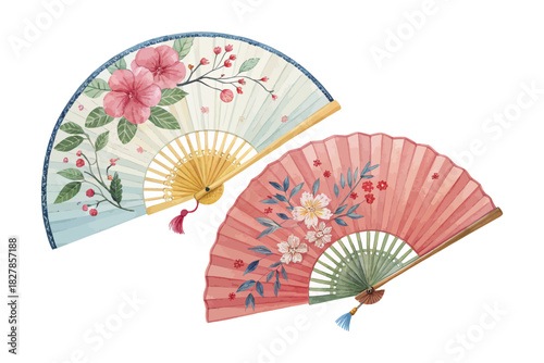 Traditional Chinese Paper Fan Watercolor  isolated on white background