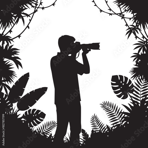 Silhouette of a photographer framed by lush jungle foliage capturing a moment