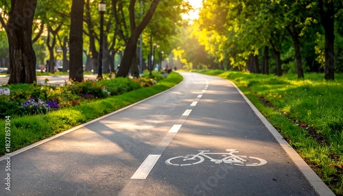 Fototapeta Naklejka Na Ścianę i Meble -  Bike lane winds through a park with dappled sunlight. Lush trees and flowers line the path