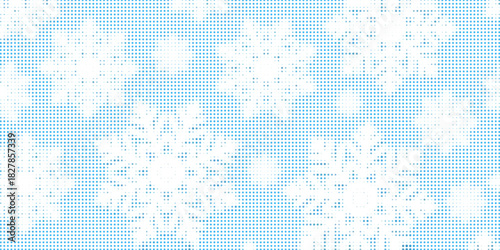 Dotted halftone snowflake background, winter snow season retro grunge texture vintage magazine style. Monochrome collage element for mixed media design Christmas new year decoration pop art. Vector