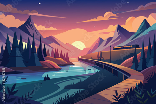 Flat design mountain valley river and train at twilight sunset evening