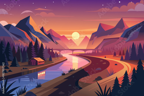 Flat design mountain valley river and bridge at sunset with warm twilight sky evening nature