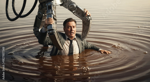 Man in Suit Struggling in Water Being Pulled by Robotic Arm.