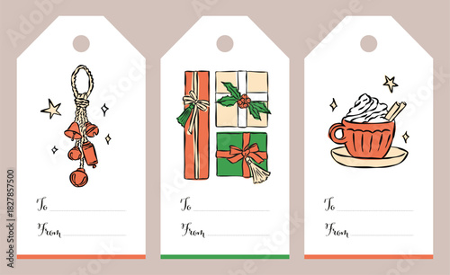 Gift tags with Christmas doodles. Holiday gift badges.