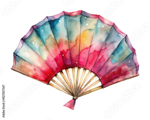 Traditional Chinese Paper Fan Watercolor  isolated on white background