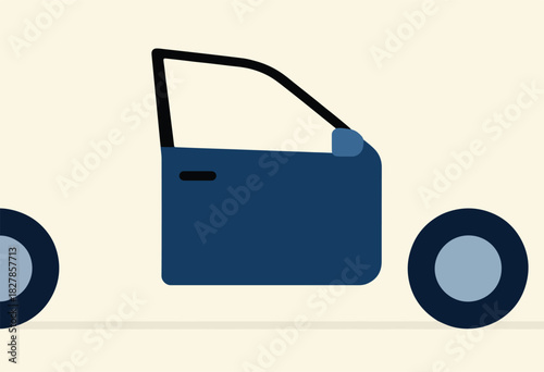 Stylized illustration of a car's side, with open door, and two wheels.  Abstract, flat design