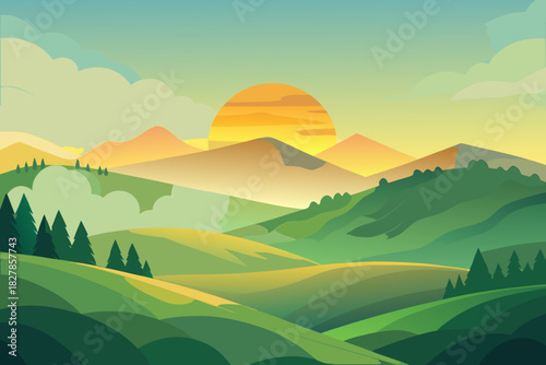 Misty Mountain Landscape at Sunrise with Sun and Clouds nature mountains