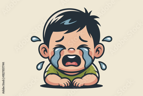 A crying cartoon baby, with tears streaming down its face. Wide open mouth, tears and big eyes