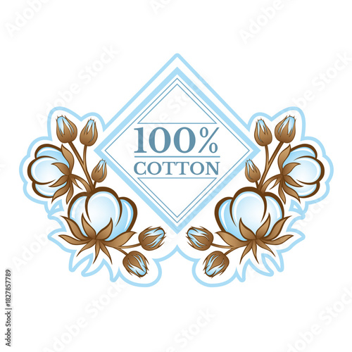 Cotton seeds and leaves vector label. Rhombus frame or tag for eco textile and natural fabric tag. Color 100% cotton icon vector template