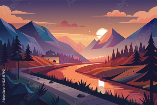 Mountain landscape with river and building at twilight vector illustration
