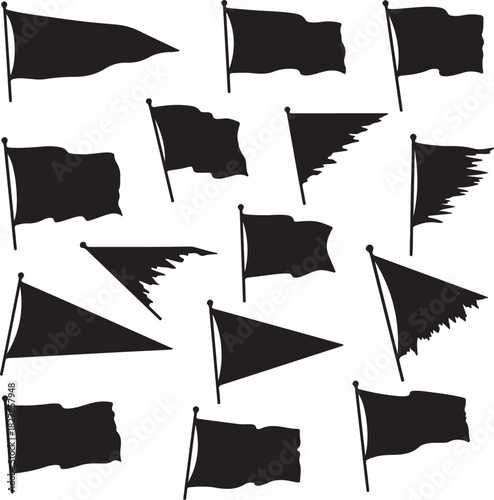Assorted Black Silhouettes of Waving and Torn Flags on a White Background Keywords: flag, banner, pennant, signal, symbol, waving, torn, ripped, tattered, ragged, frayed, on transparent background