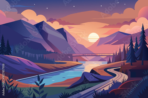 Mountain valley with river and bridge at dusk with colorful sky vector illustration