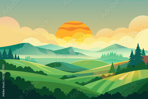 Mountainous Landscape at Dawn with Sun Setting Behind Peaks nature sunrise