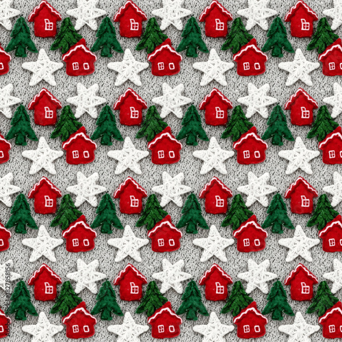 Handmade Aesthetic Digital Pattern: Cozy red houses and green trees with white stars for festive designs