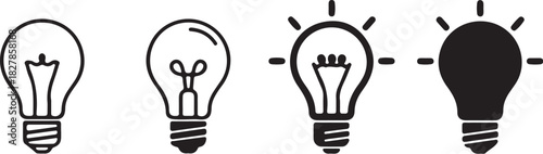 Four Light Bulb Icons Showing Different Styles and States of Illumination silhouette outline on transparent background