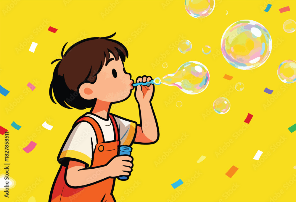 Fototapeta premium A cartoon child blowing bubbles, confetti, on a yellow background. Bubbles are floating in the air