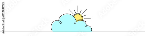 Sun behind a cloud drawn with one continuous line. Colored illustration with black outline, isolated on white background. Vector illustration.