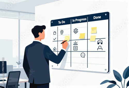 A business person, facing away, adds a note to a "To-Do" board in an office. A "To-Do" Kanban is used