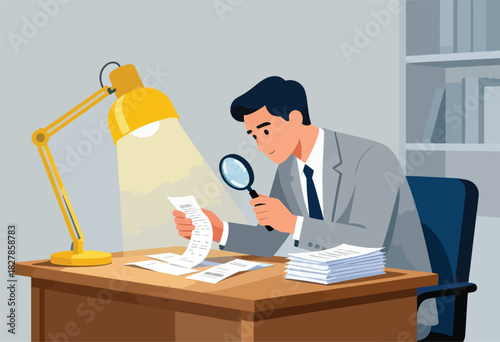 A man in a suit examines a document with a magnifying glass under a desk lamp. He is in an office