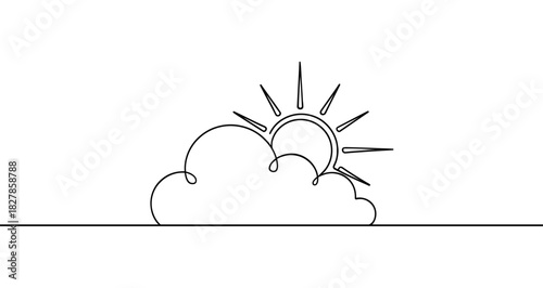 Sun behind a cloud drawn with one continuous line. Black outline illustration isolated on white background. Vector illustration.