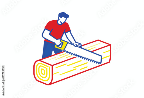 A person with a red shirt and blue pants uses a yellow saw on a wooden log with red, yellow, and blue outline