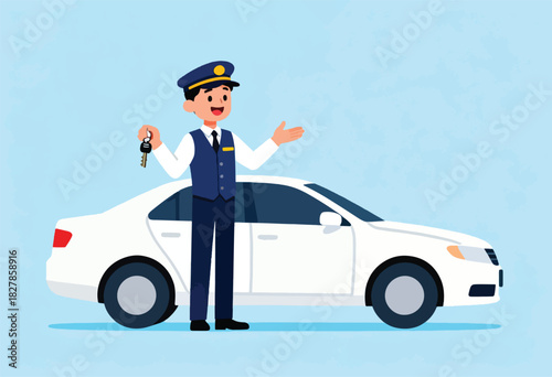 A cartoon valet, holding keys, stands beside a white sedan, gesturing welcomingly. Blue background