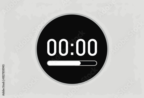 Black circle displays 0000 time with loading bar, white numbers, and light grey background