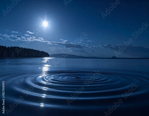 A radiant moon casts a magical glow over a tranquil lake and a star-filled night sky