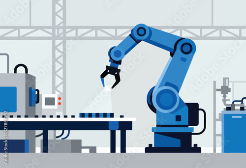 A minimalist illustration of a robotic arm at an industrial facility, completing a task on a production line