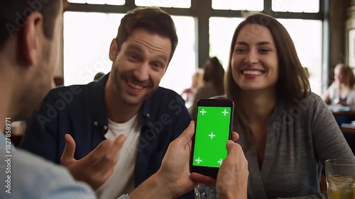 Friends Having Fun in Cafe Showing Green Screen Phone