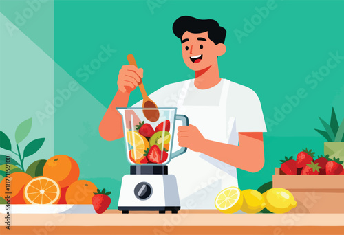A cheerful person prepares a smoothie using a blender, surrounded by fresh fruits, a wooden spoon is held