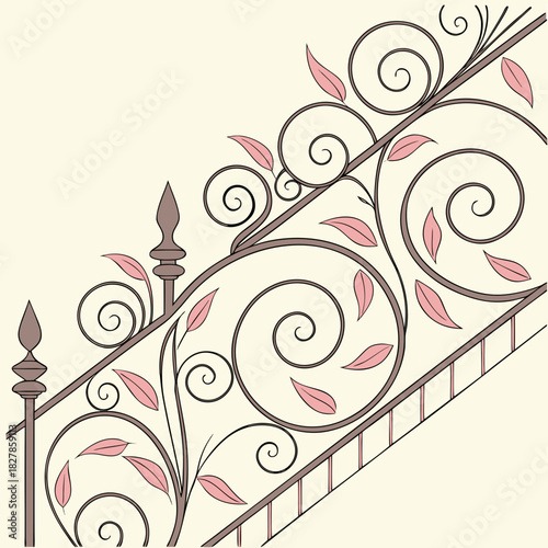 Decorative wrought iron railing with floral ornaments on a light background